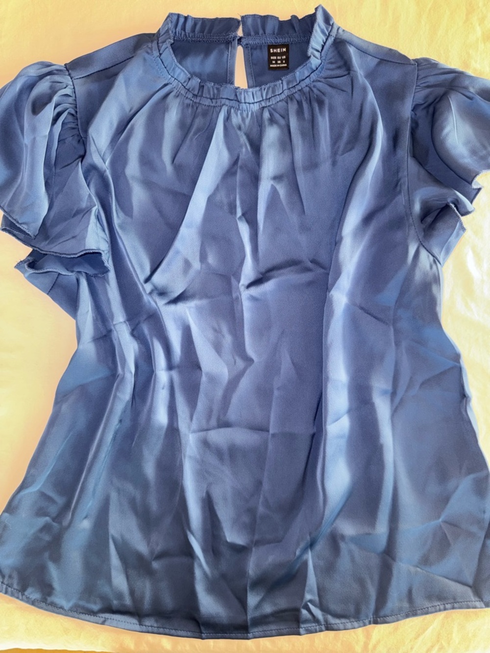 SHEIN Blue Short-Sleeve Ruffle Neck Blouse M